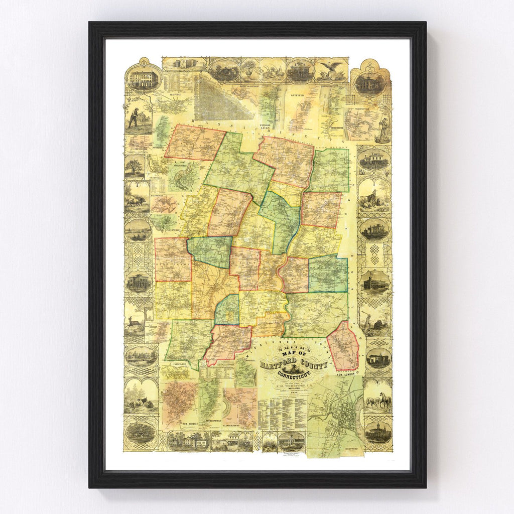 Vintage Map of Hartford County, Connecticut 1855