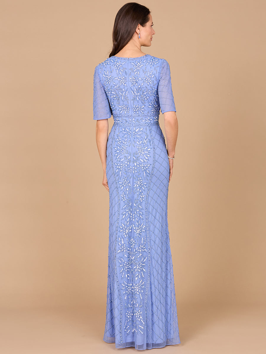 V-Neck, Cape Sleeve Beaded Gown