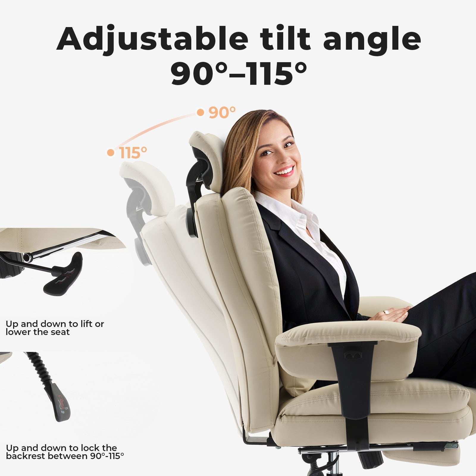 Office Chair Ergonomic 200 kg PU Leather Computer Chair with Lumbar Support and High Backrest, Ergonomic Desk Chair with Liftable Headrest, Beige