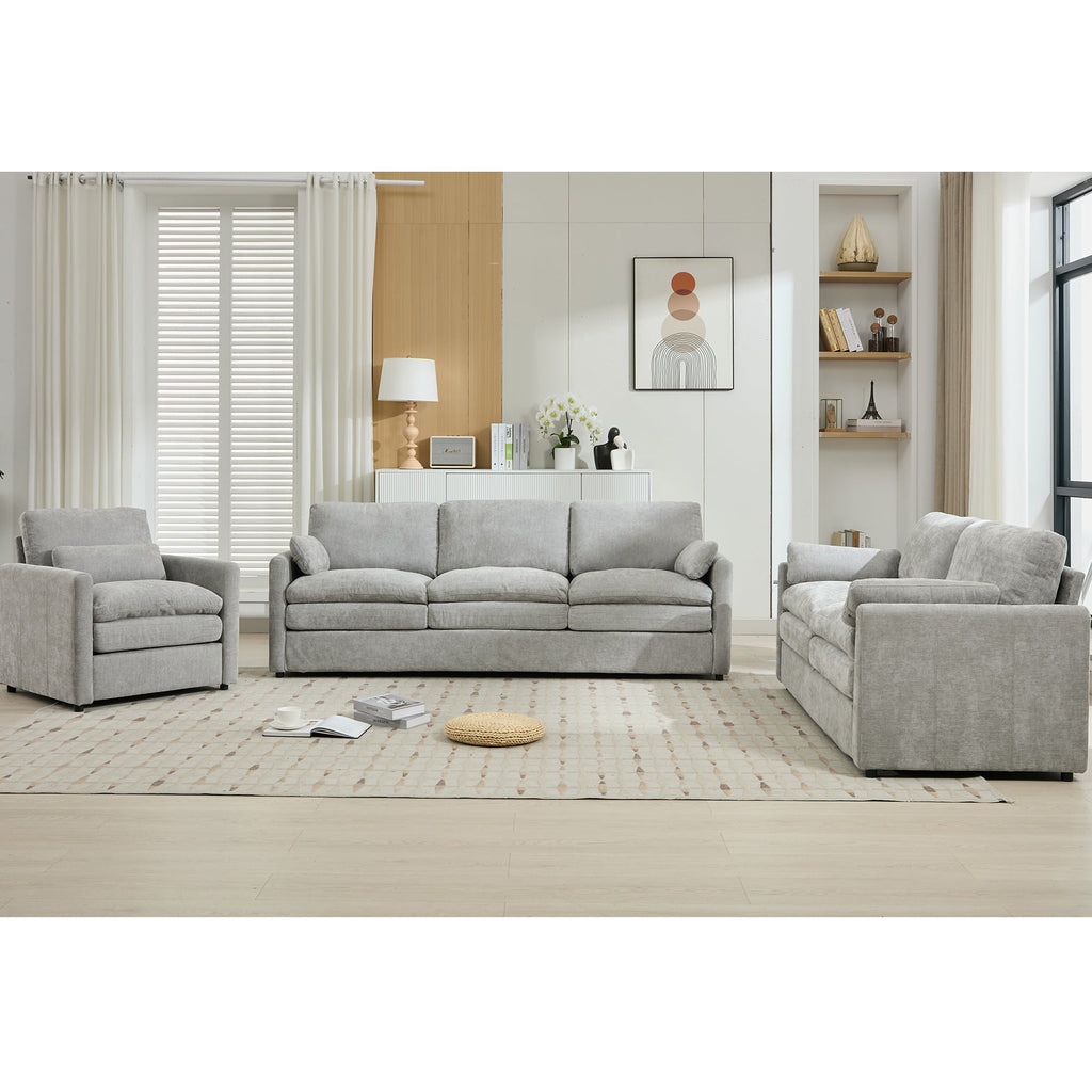 Cozy Upholstered Sofa Set with Double Cushion Design, Light Grey Chenille Fabric, Modern Living Room Couch