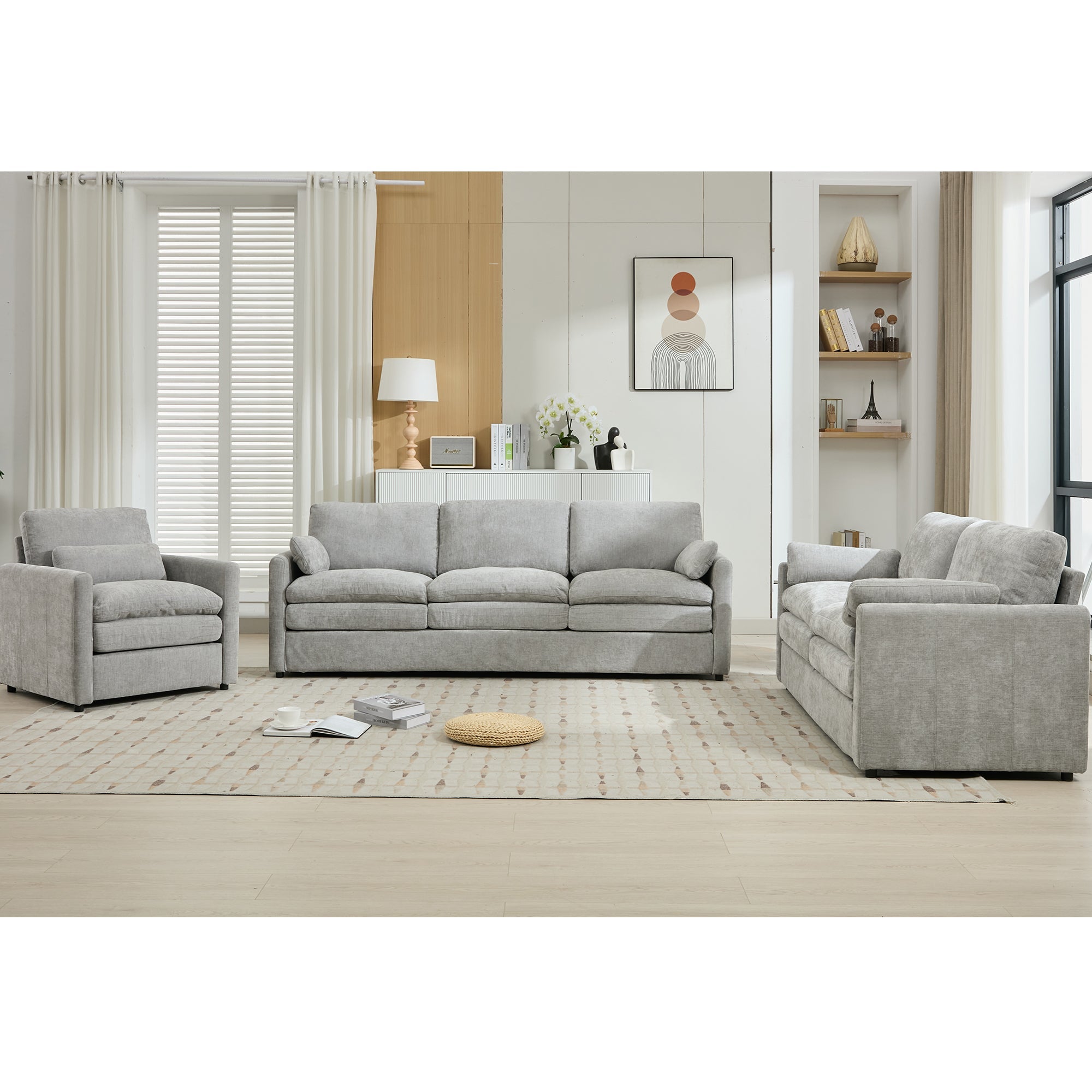 Cozy Upholstered Sofa Set with Double Cushion Design, Light Grey Chenille Fabric, Modern Living Room Couch
