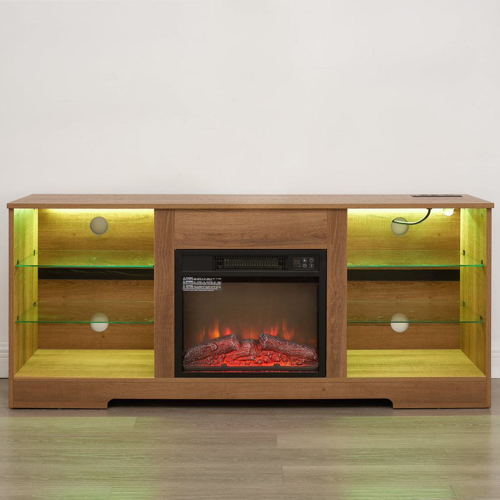 TV Stand Electric Fireplace TV Stand with Glass Shelves, 3D Fireplace TV Stand with LED Lights Wood with USB Charging Outlet Modern Television Table Center for TV up to 32-62' OAK 58'W*15.4''D*24.4