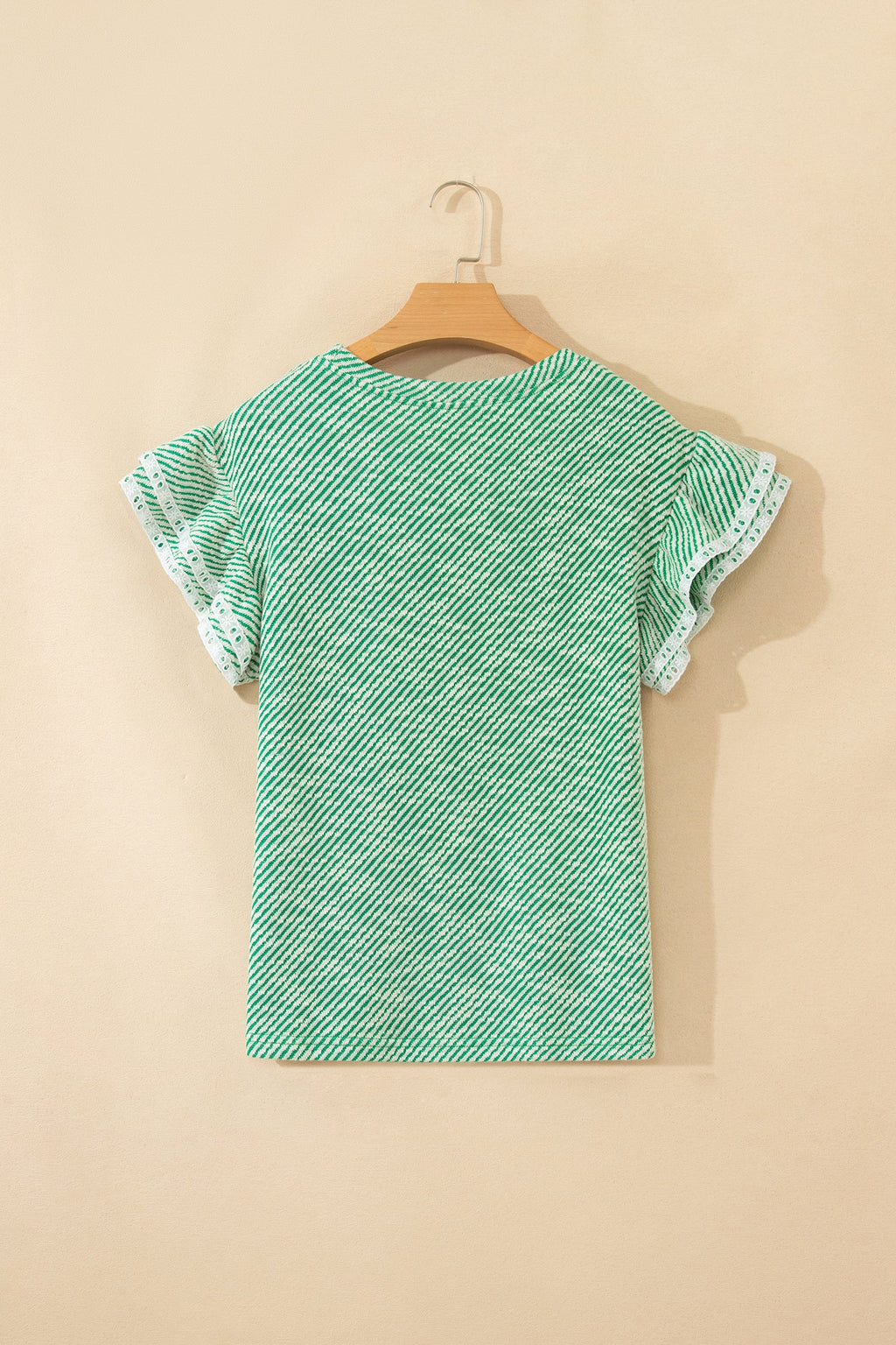 Stripe Twill Ruffle Lace Short Sleeve Blouse