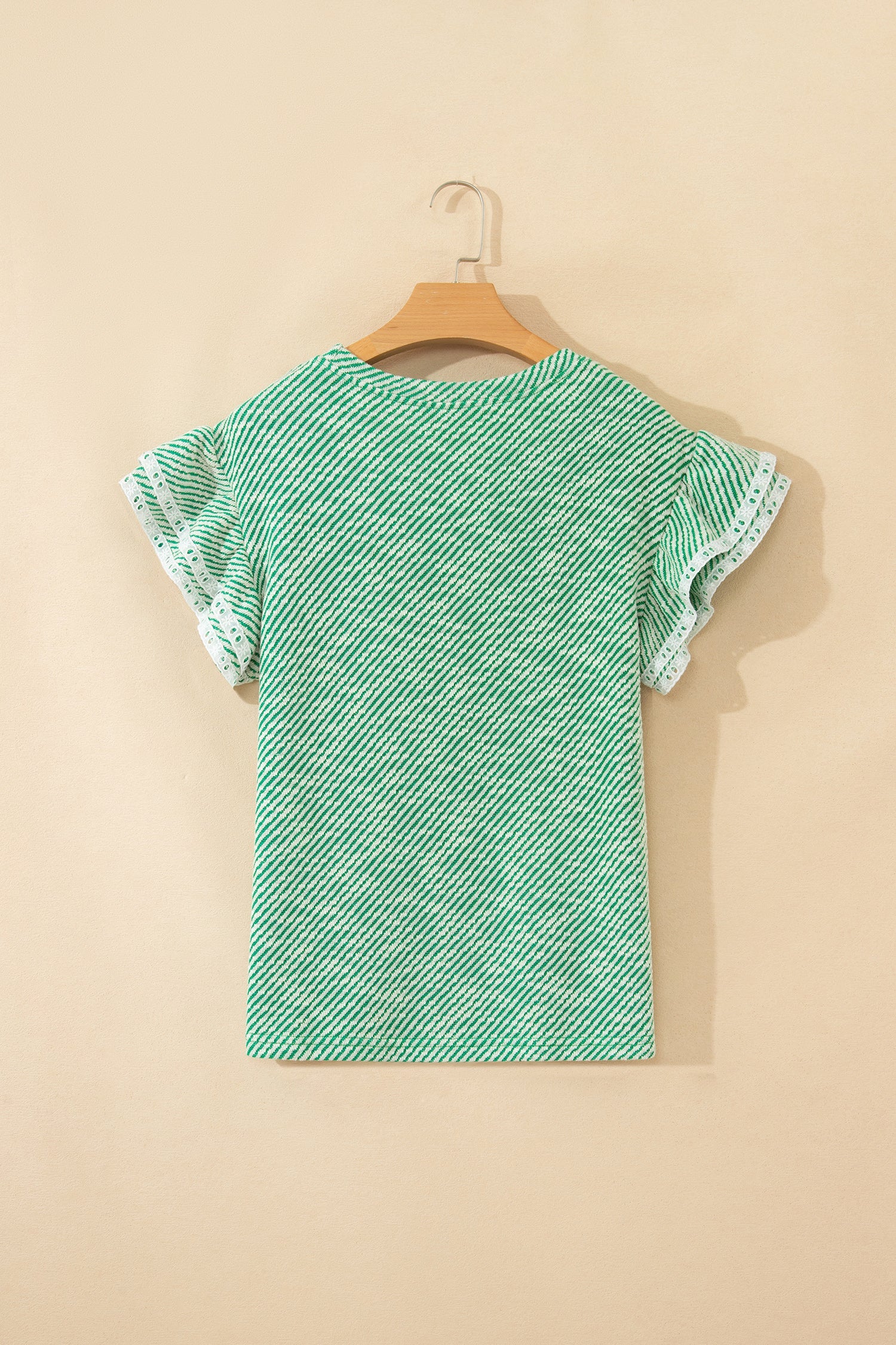 Stripe Twill Ruffle Lace Short Sleeve Blouse
