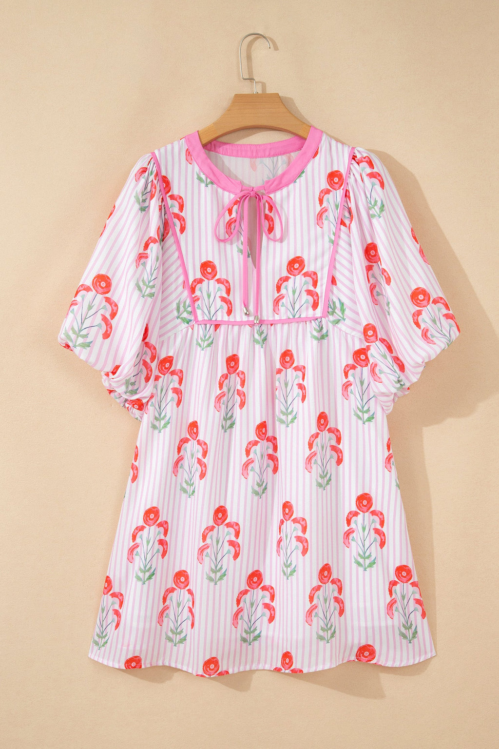 Floral Stripe Tie Neck Puff Sleeve Mini Dress