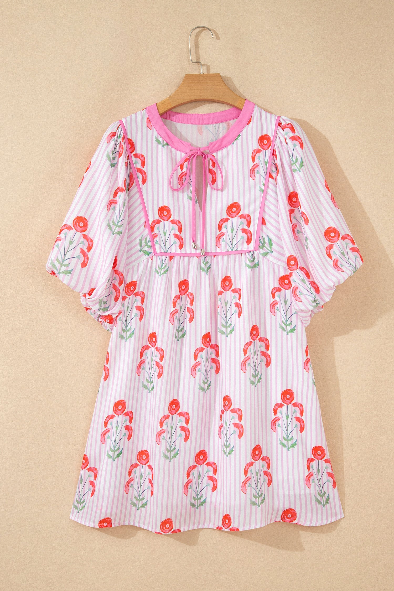 Floral Stripe Tie Neck Puff Sleeve Mini Dress