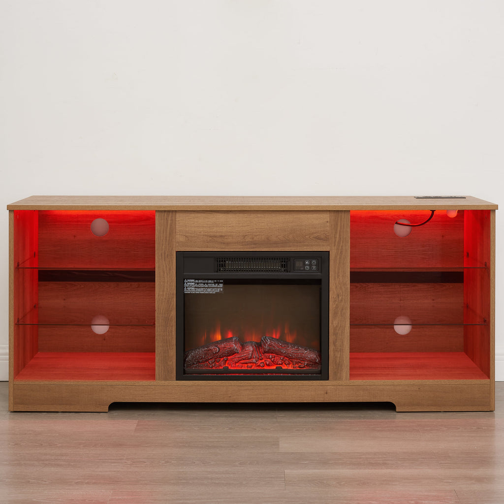 TV Stand Electric Fireplace TV Stand with Glass Shelves, 3D Fireplace TV Stand with LED Lights Wood with USB Charging Outlet Modern Television Table Center for TV up to 32-62' OAK 58'W*15.4''D*24.4
