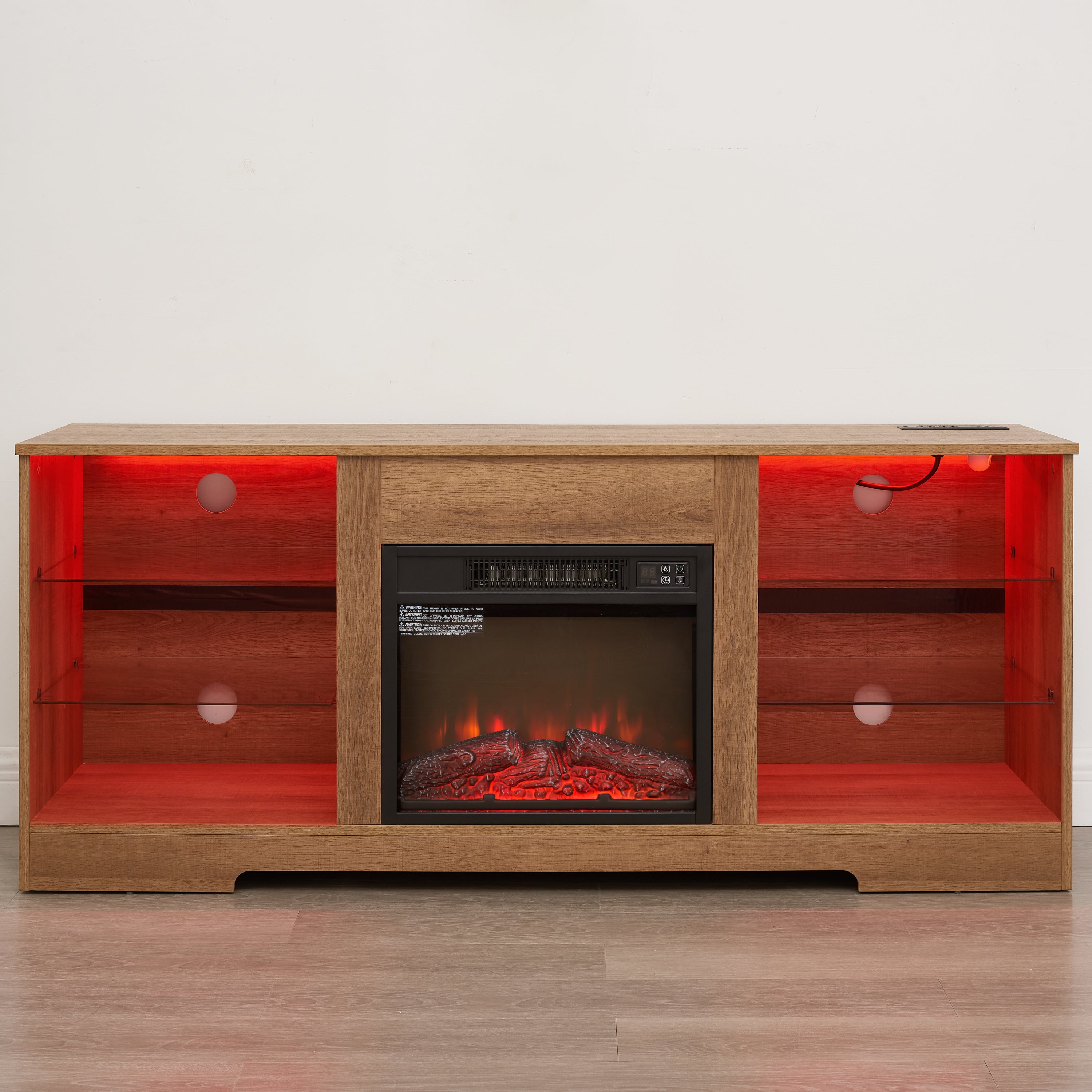 TV Stand Electric Fireplace TV Stand with Glass Shelves, 3D Fireplace TV Stand with LED Lights Wood with USB Charging Outlet Modern Television Table Center for TV up to 32-62' OAK 58'W*15.4''D*24.4