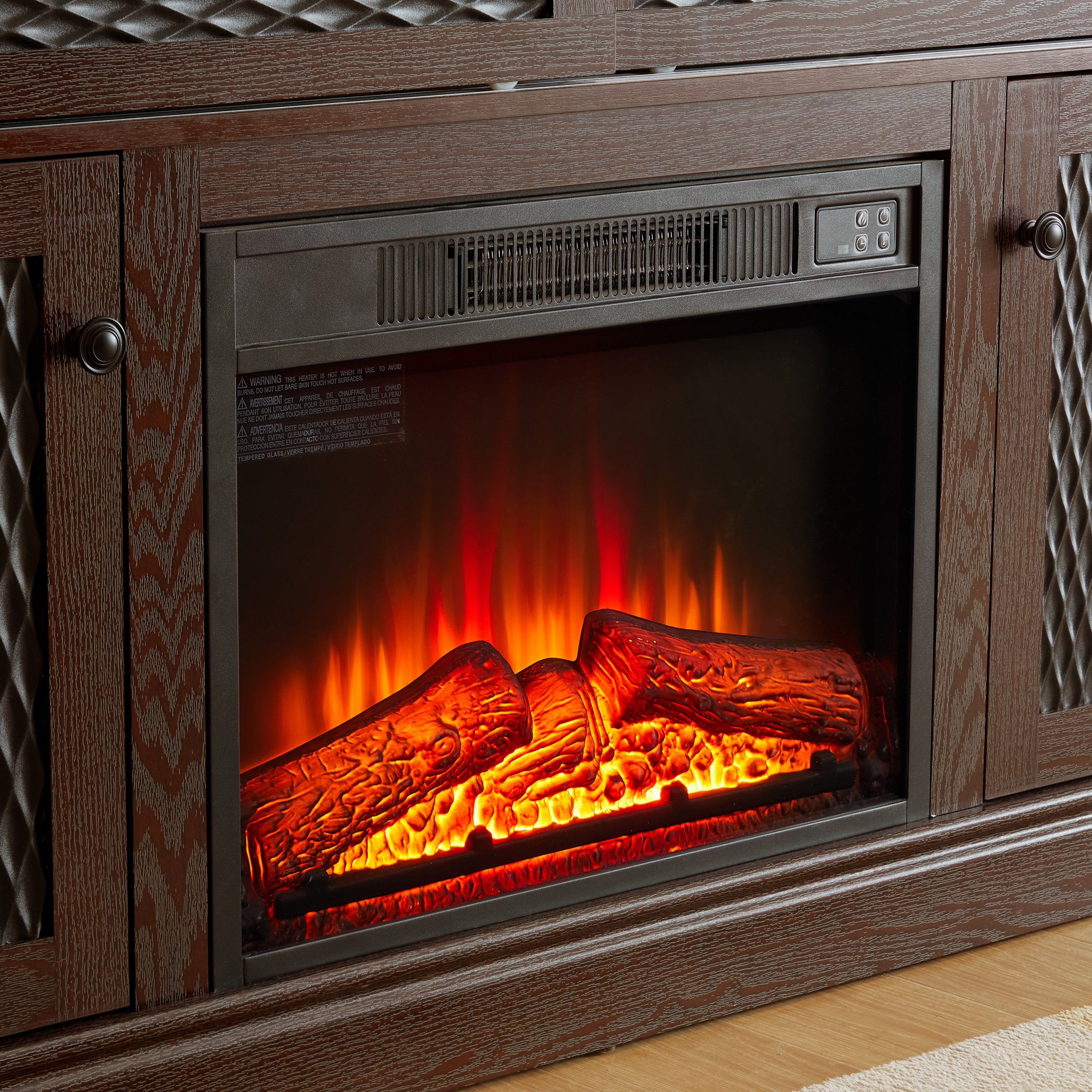 Embossed Pattern TV Stand with 23' fireplace insert,, TV and Media Console with Open and Closed Storage Space and sliding door for Living Room & Bedroom, Dark Cherry, 58.27'W*15.35'W*31.7H
