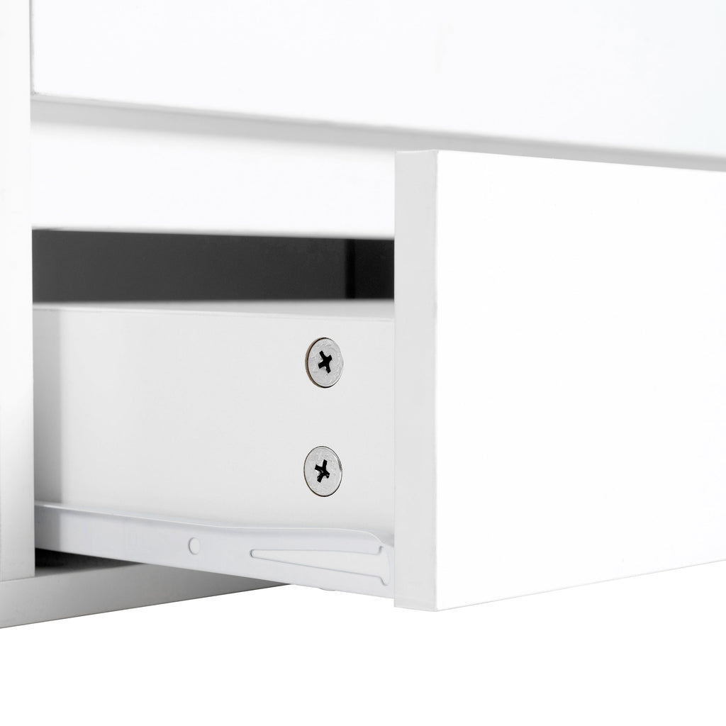 ON-TREND Modern APP Controlled LED TV Stand for TVs Up to 105'', Faux Marble Tabletop Media Console with Tempered Glass Doors, Entertainment Center with 2 Drawers & Cabinets for Living Room, White
