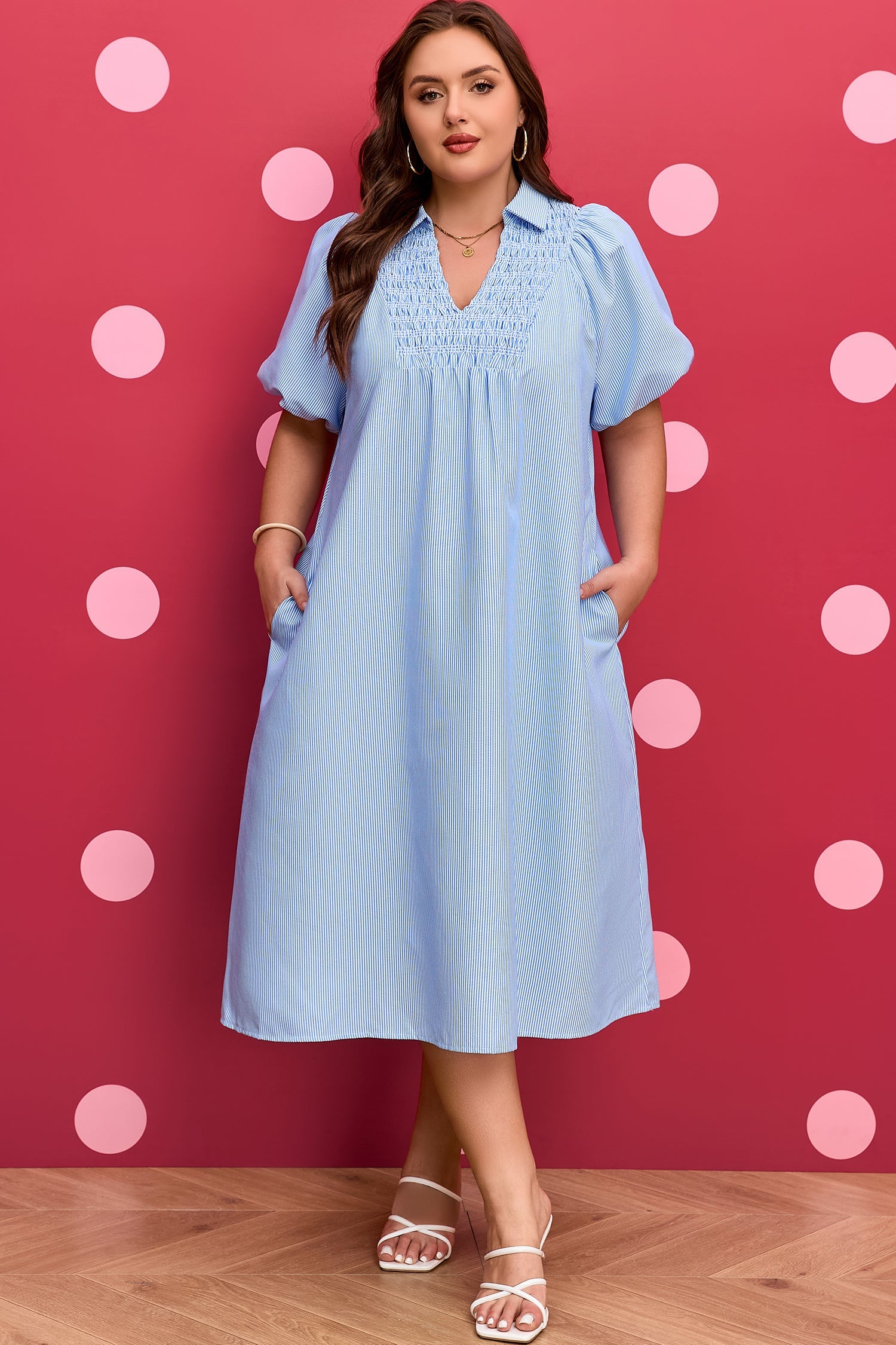 Plus Size Stripe Shirred Collared V-Neck Midi Dress