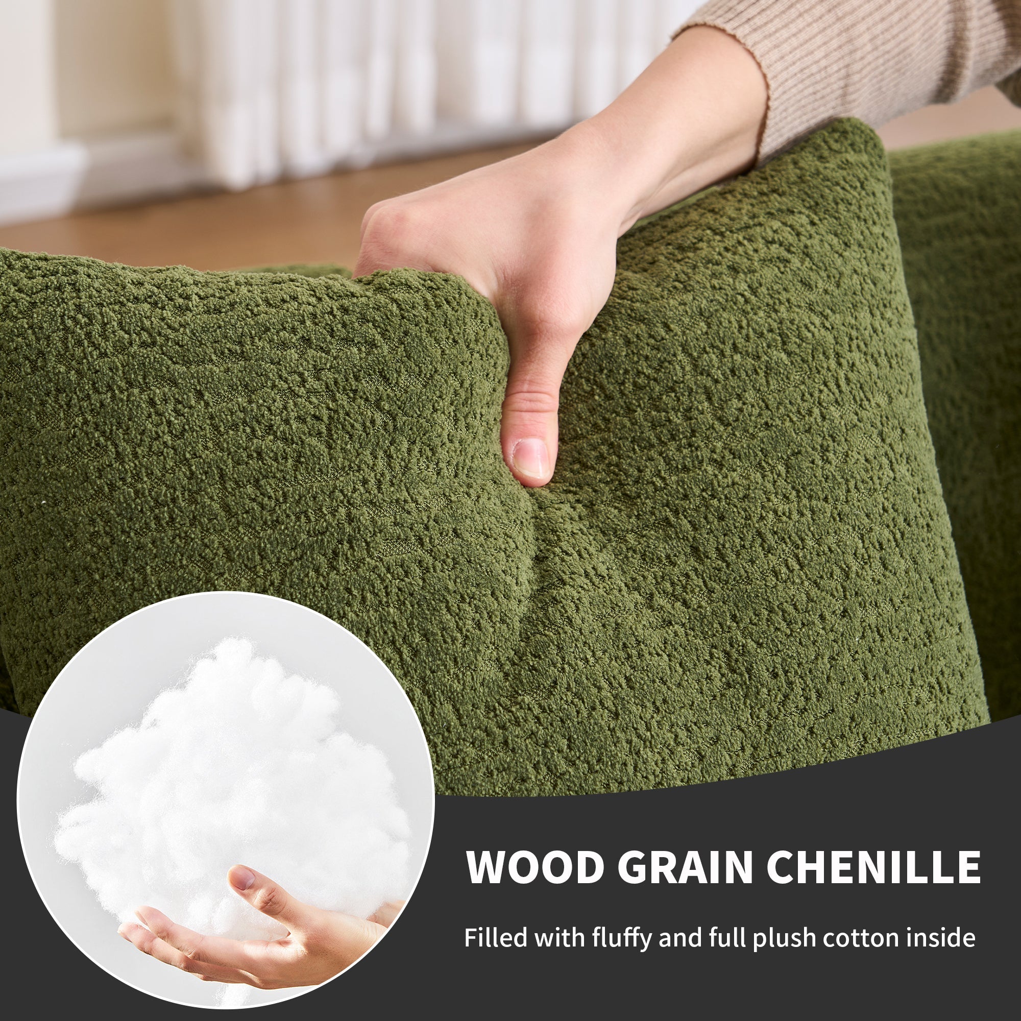Compression Sponge L-Shape Sectional Sofa with Curved Chaise, Green Modular Chenille Couch No Assembly Required, 30D High-Density for Living Room Bedroom Apartment Lounge.