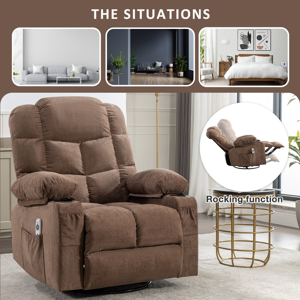 Massage Rocker Recliner Chair Rocking Chairs for Adults Oversized with 2 Cup Holders, USB Charge Port Soft Features a Manual Massage and Heat.(A+B)BROWN