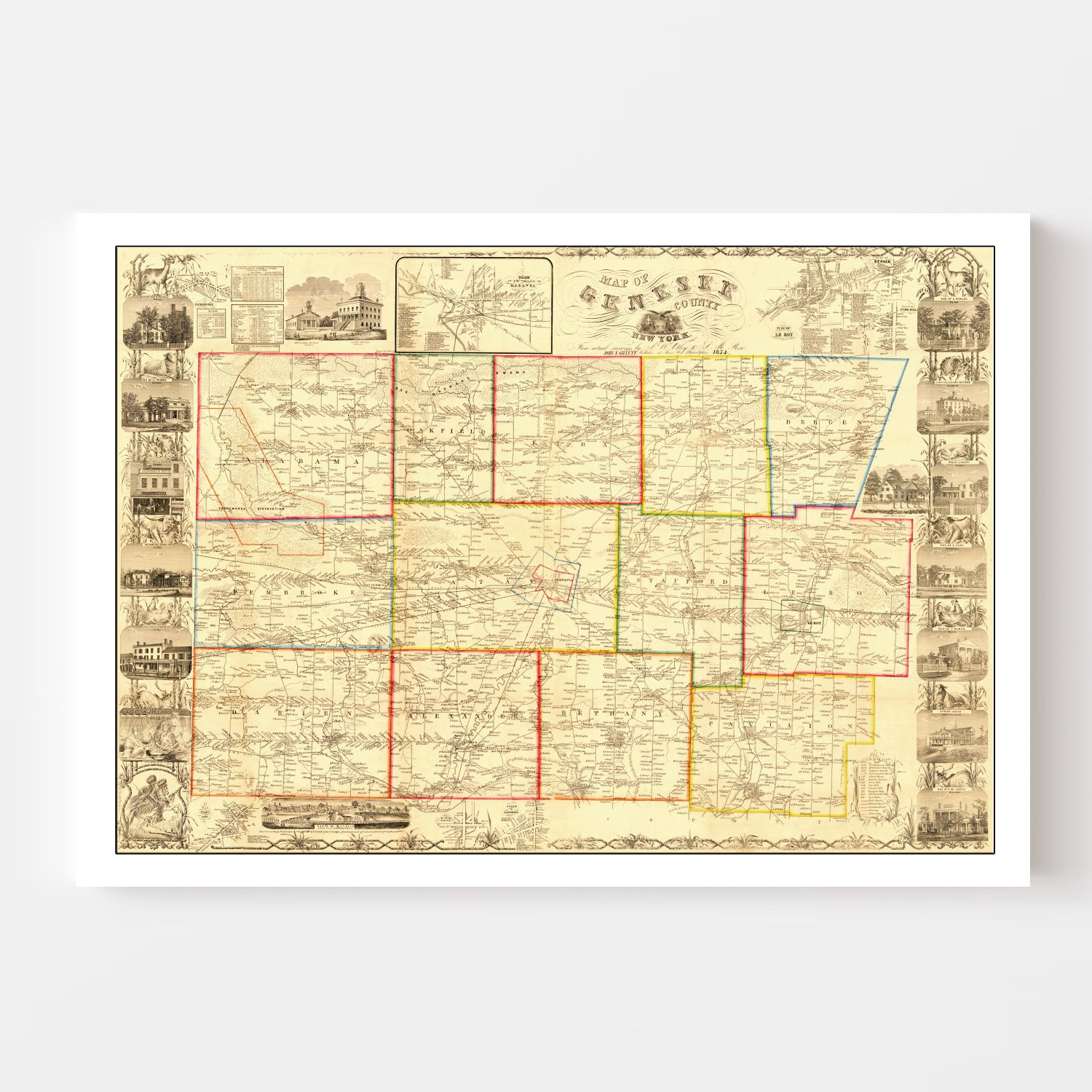 Vintage Map of Genesee County, New York 1854
