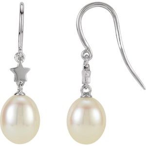 14K White Gold Cultured White Freshwater Pearl Star Earrings