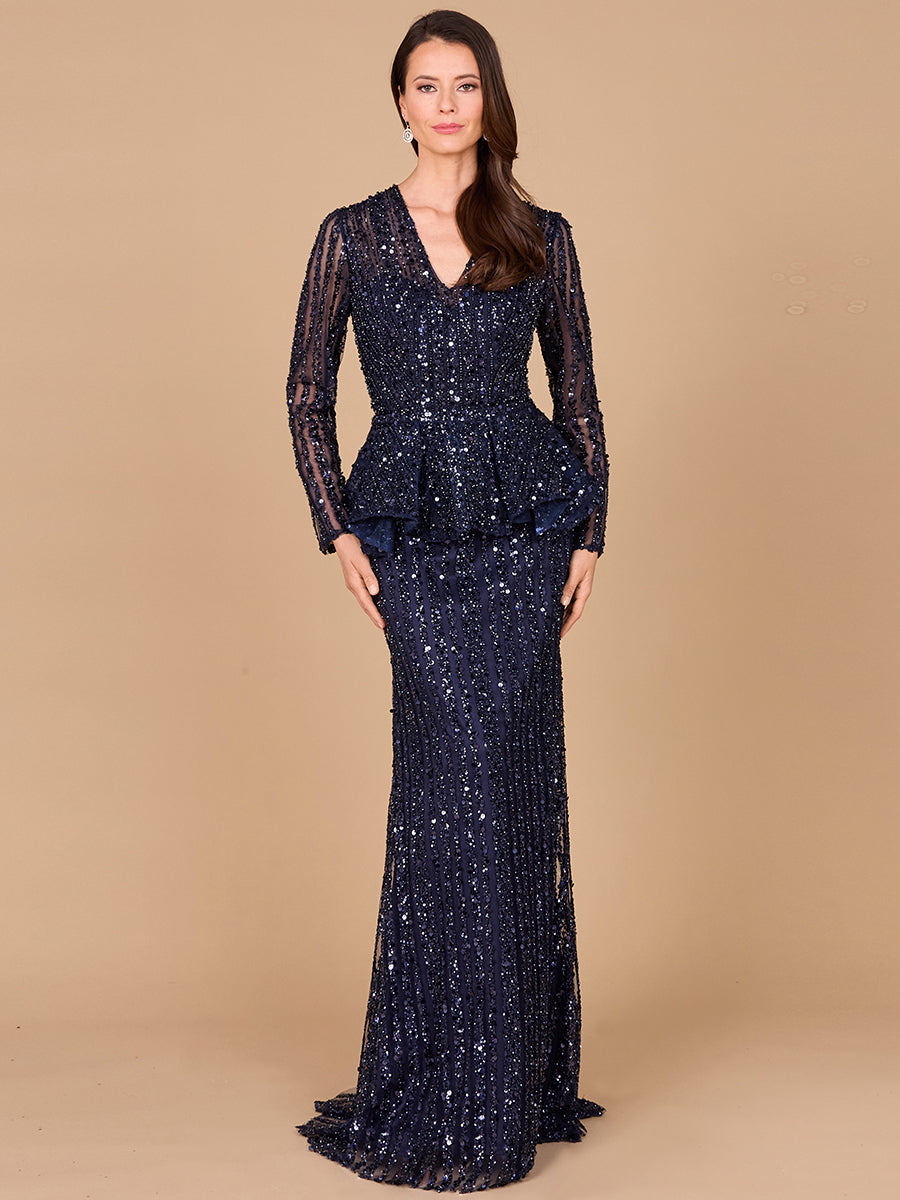 Long Sleeve Beaded Peplum Dress