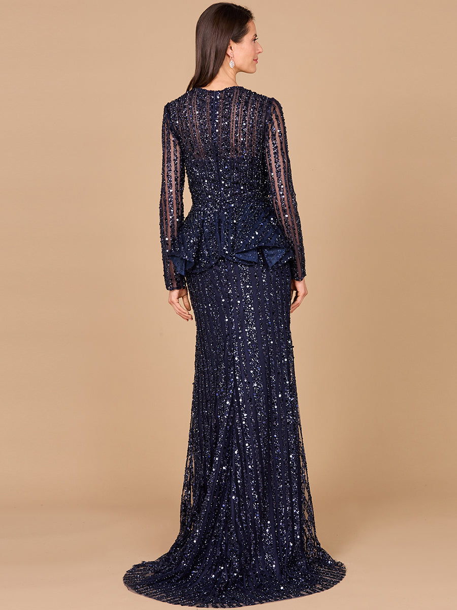 Long Sleeve Beaded Peplum Dress