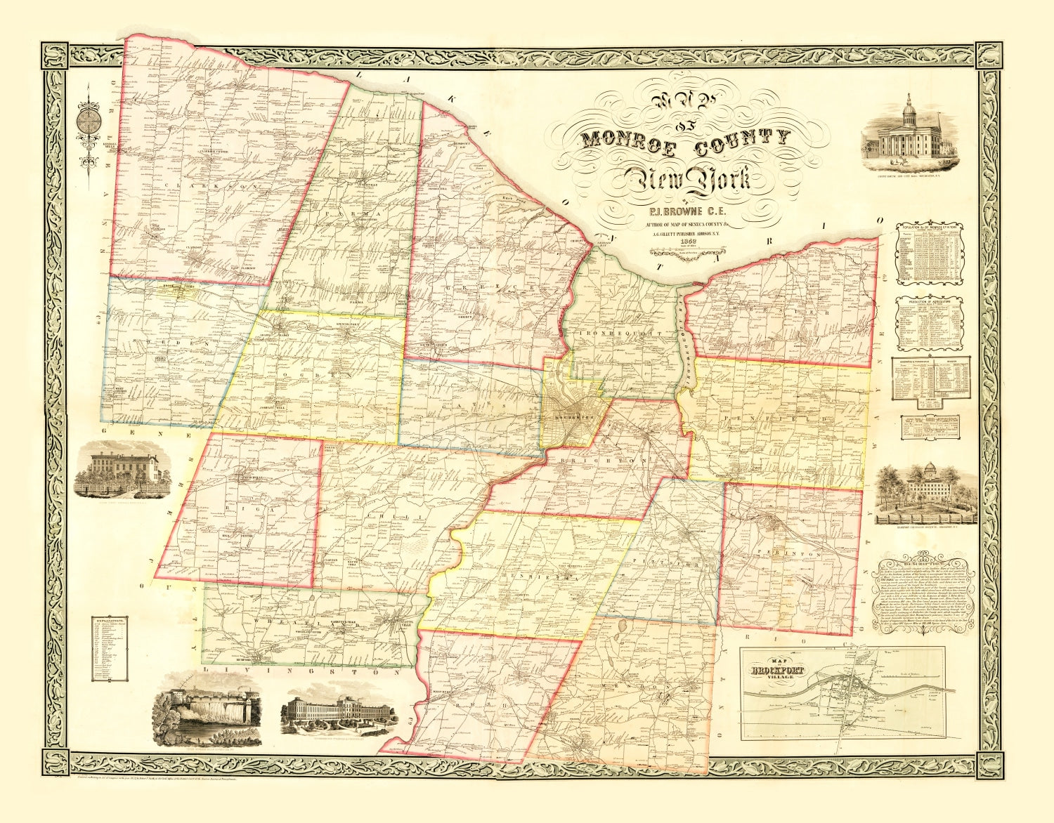 Vintage Map of Monroe County, New York 1852