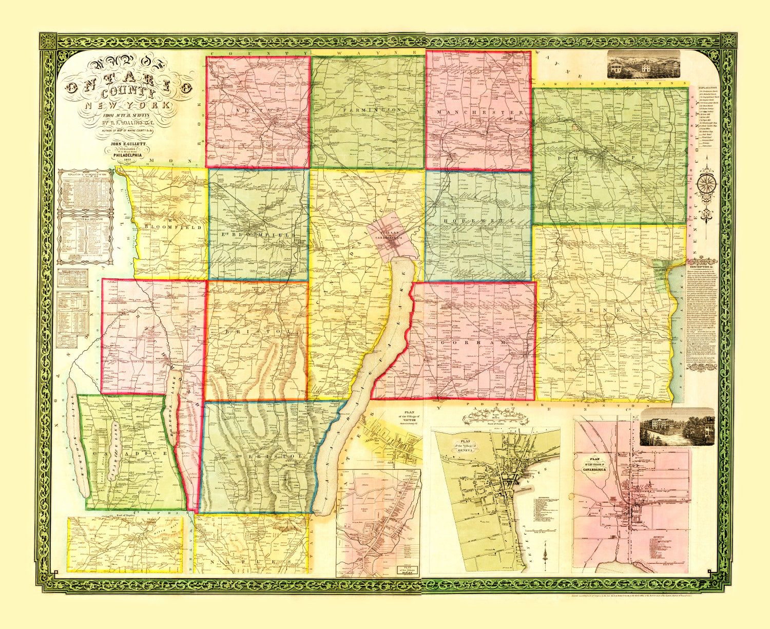 Vintage Map of Ontario County, New York 1852
