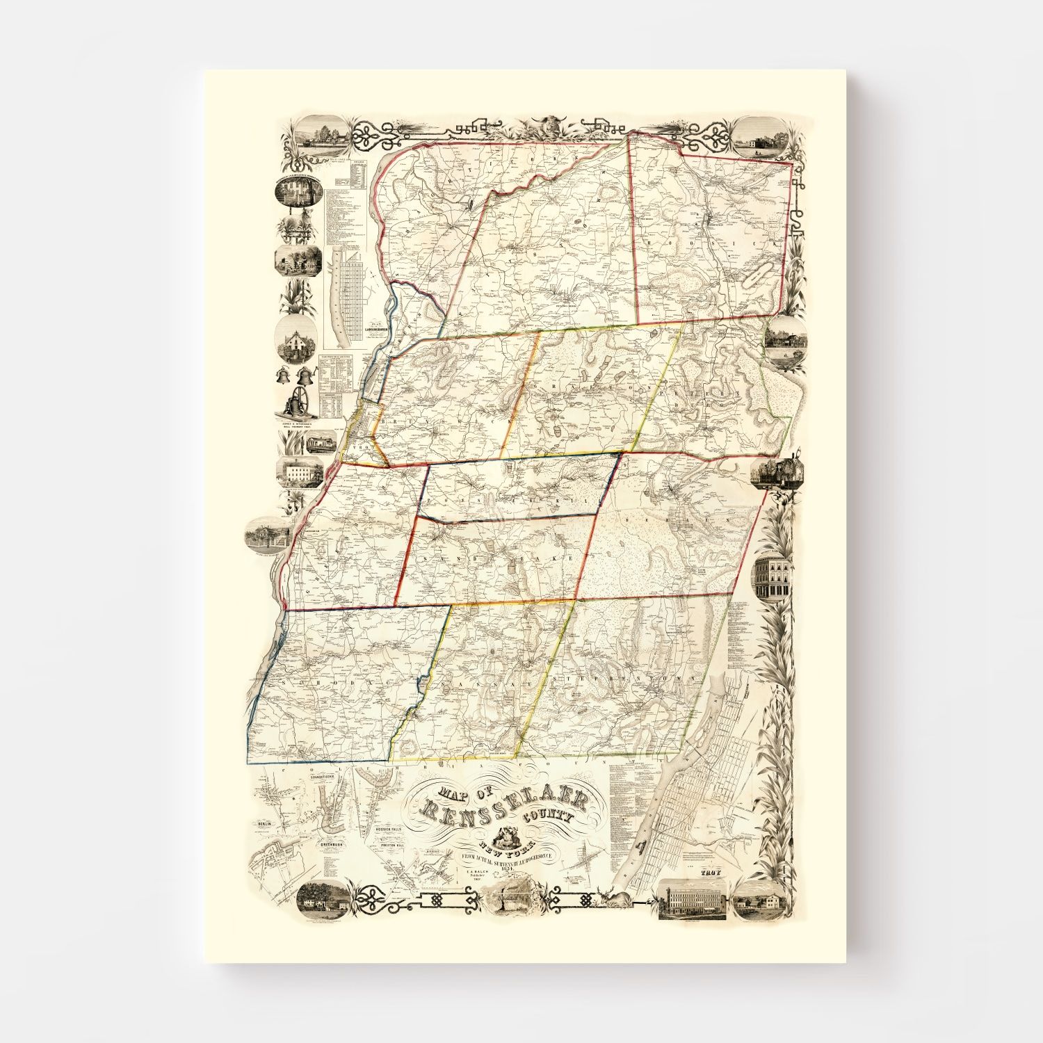 Vintage Map of Rensselaer County, New York 1854