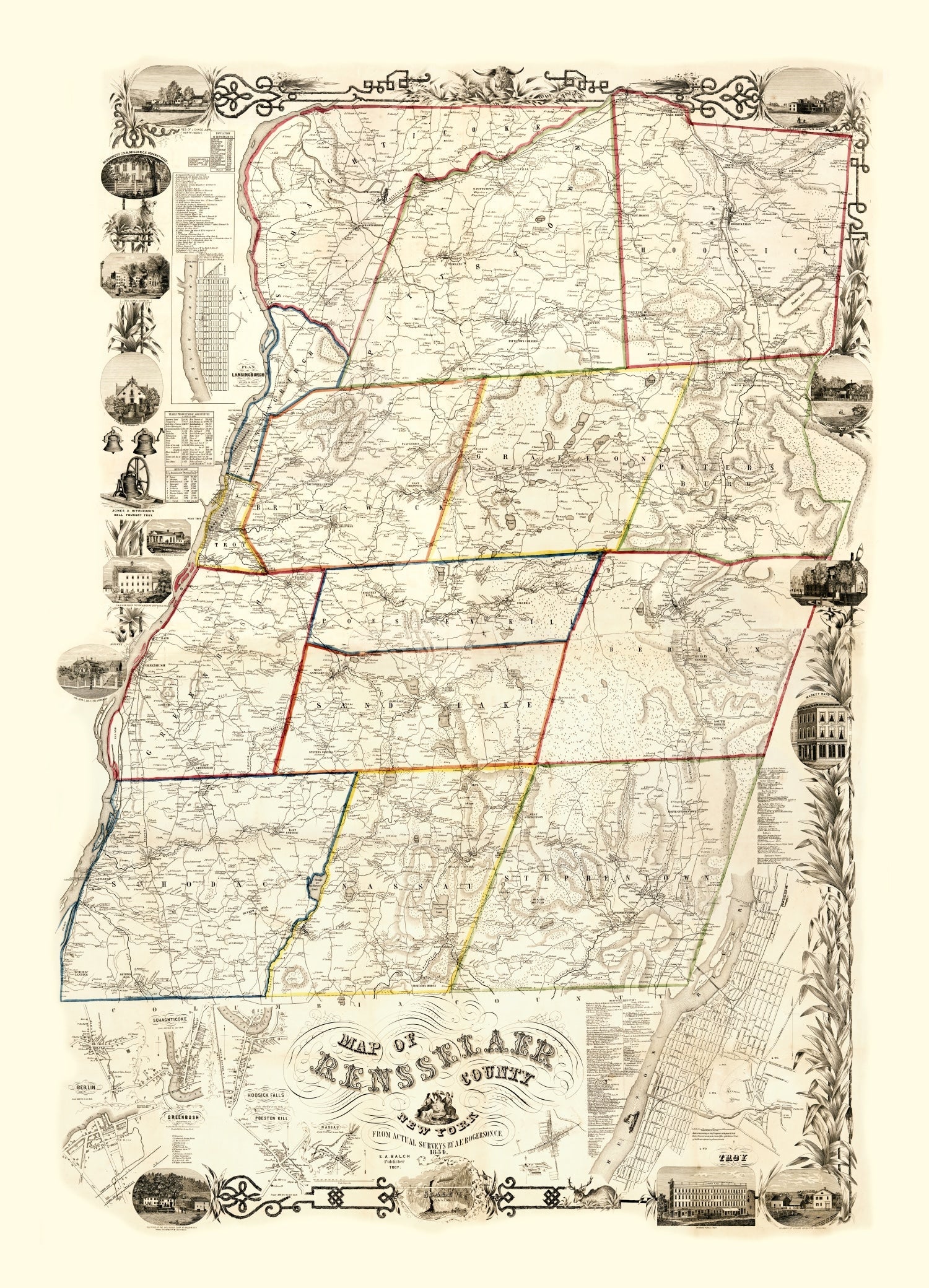 Vintage Map of Rensselaer County, New York 1854