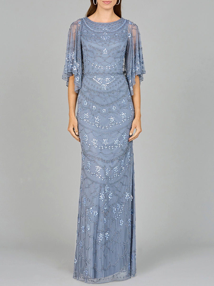 High Neck, Cape Sleeve Beaded Gown  - OUTLET