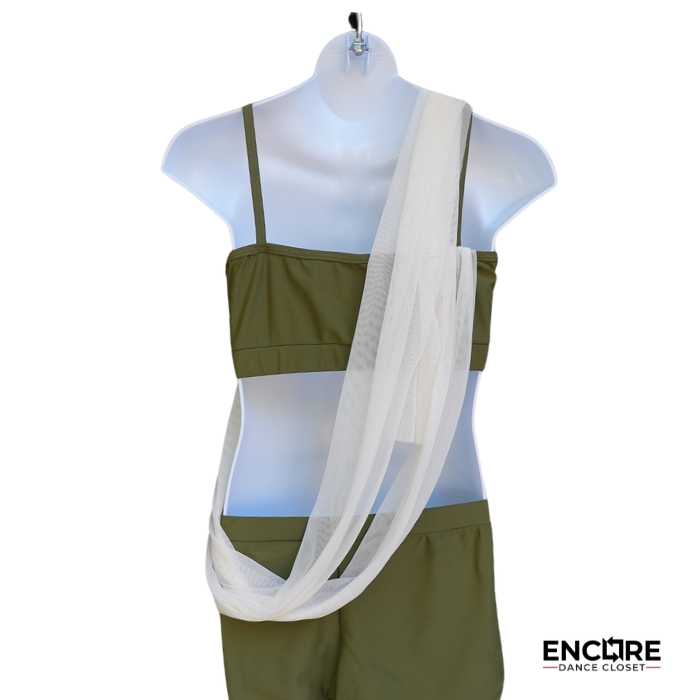 Olive Green Set with Flowing Mesh Panels
