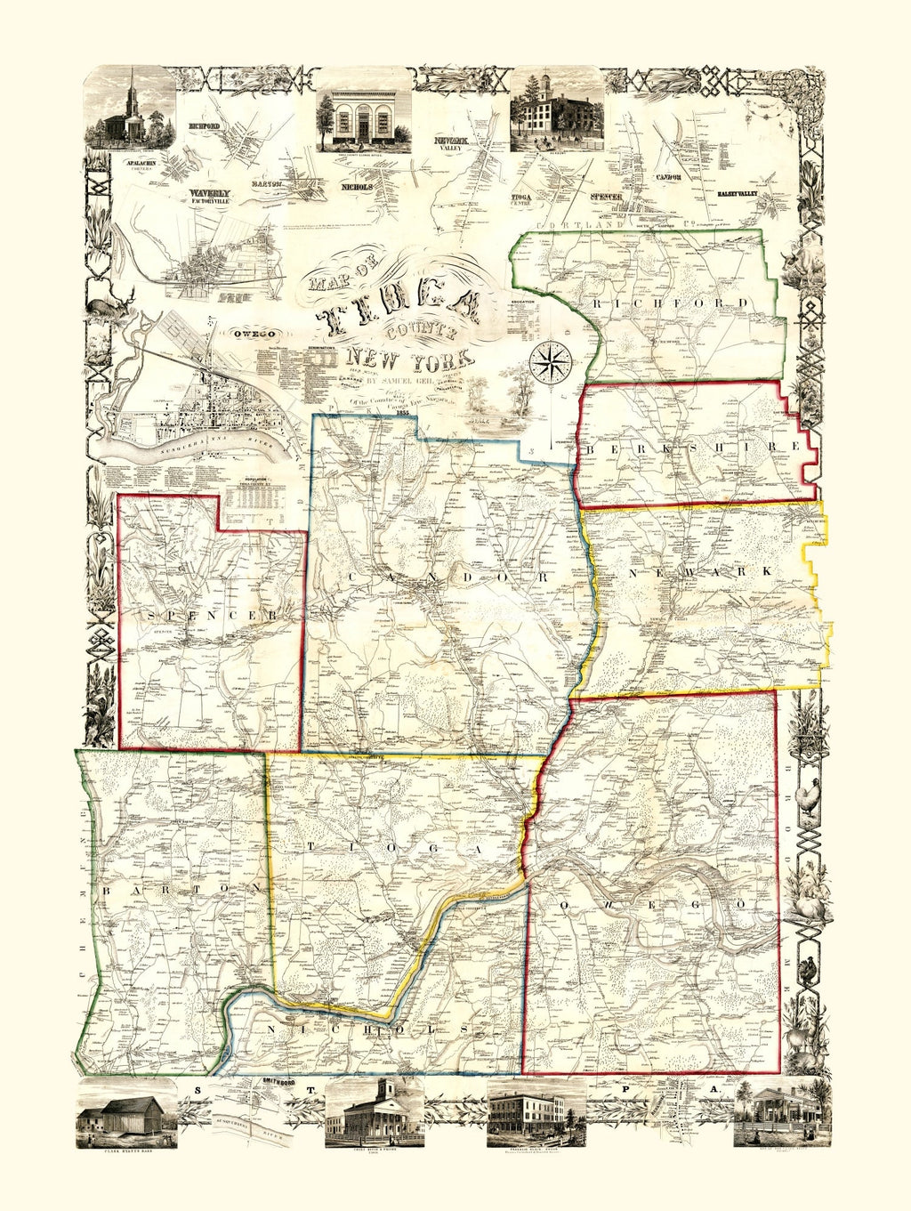 Vintage Map of Tioga County, New York 1855