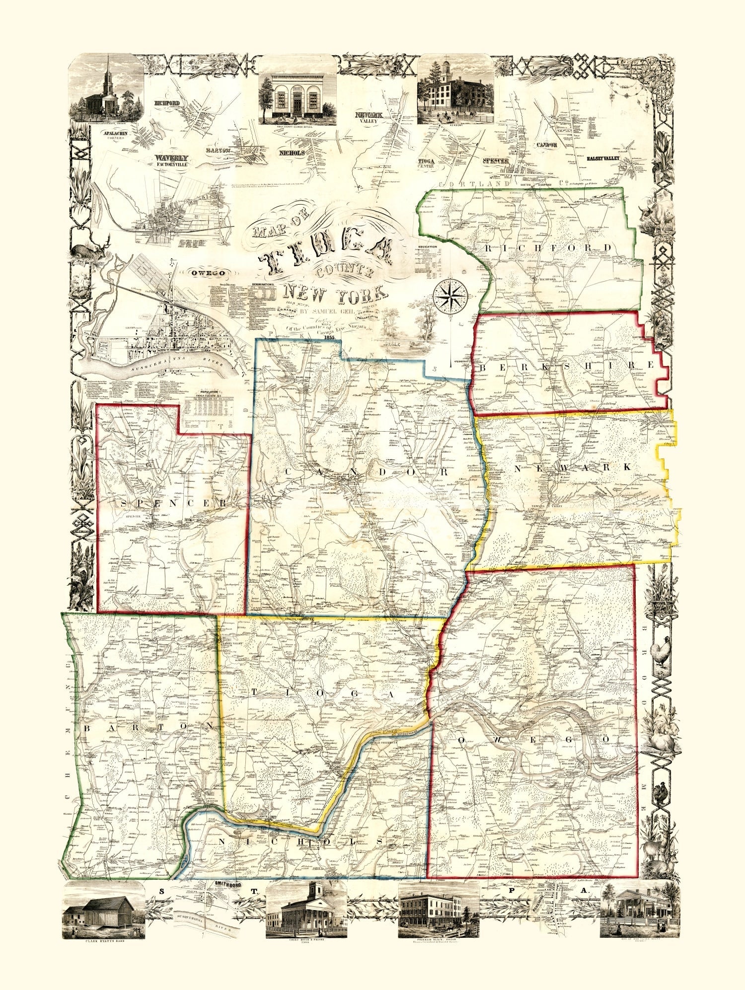 Vintage Map of Tioga County, New York 1855
