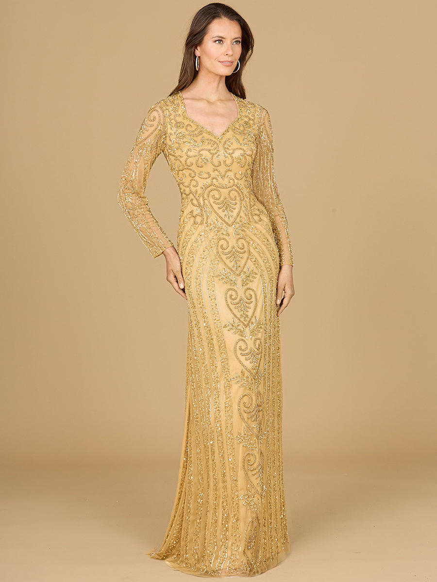 V Neck Beaded Long Sleeve Dress