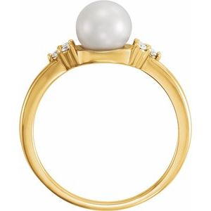 14K Yellow Gold 6.5-7 mm Cultured Freshwater White Pearl & .09 CTW Natural Diamond Ring