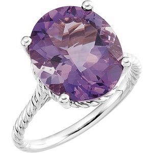 14K White Gold 14x12 mm Oval Natural Amethyst Rope Ring