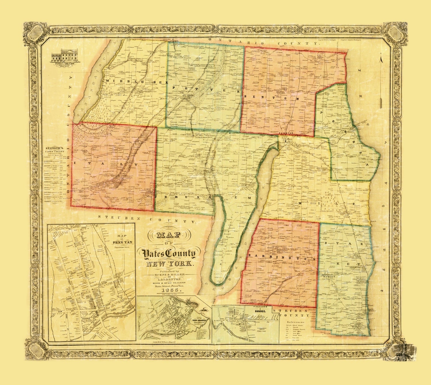Vintage Map of Yates County, New York 1855
