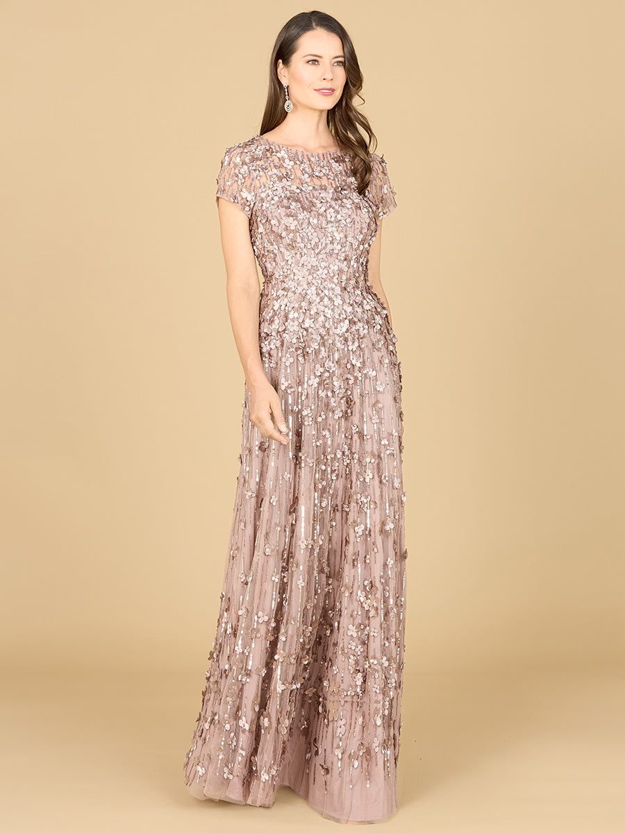 3D Floral Embellished Cap Sleeve Gown
