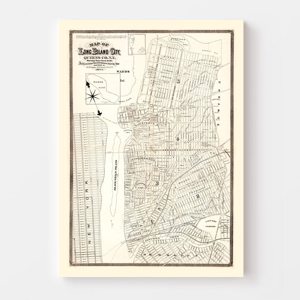 Vintage Map of Queens County, New York 1874