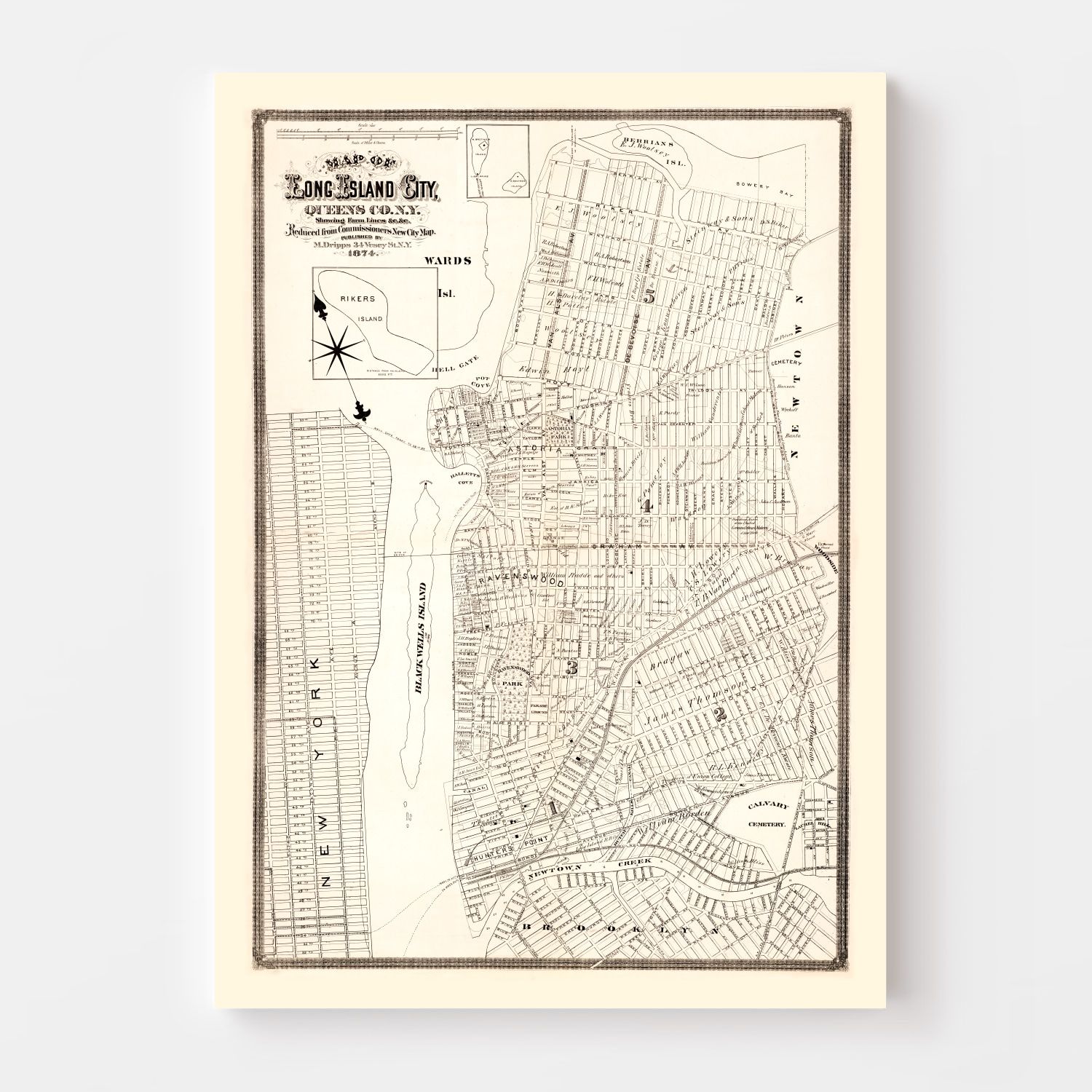Vintage Map of Queens County, New York 1874