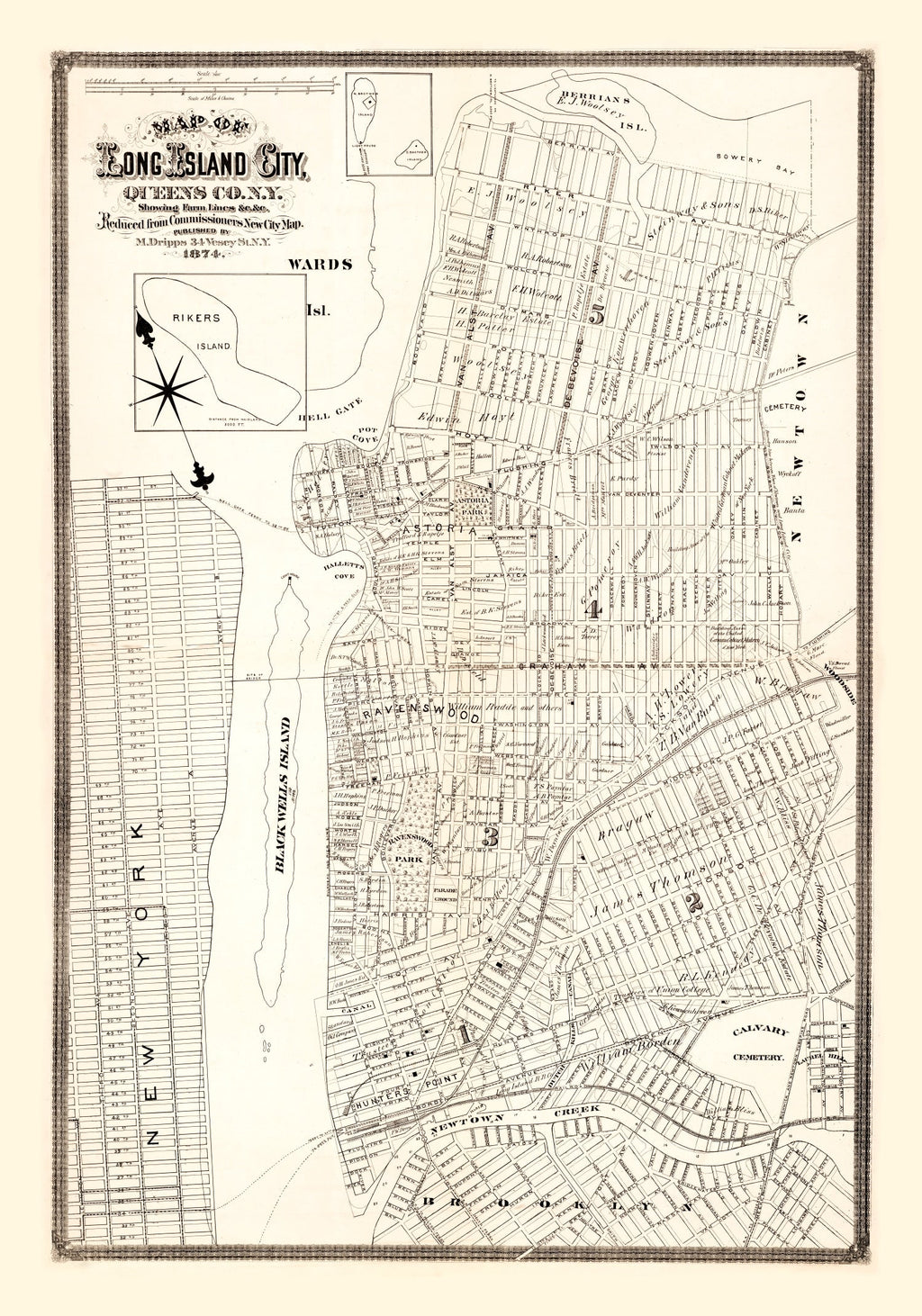 Vintage Map of Queens County, New York 1874