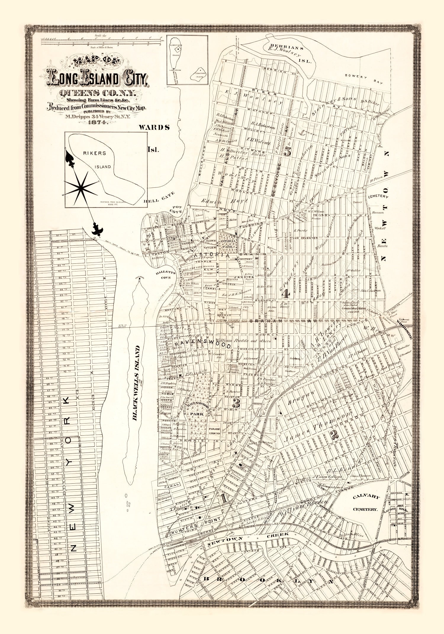 Vintage Map of Queens County, New York 1874