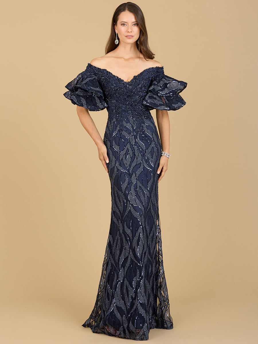 Off Shoulder Mermaid Beaded Gown with Tiered Sleeves