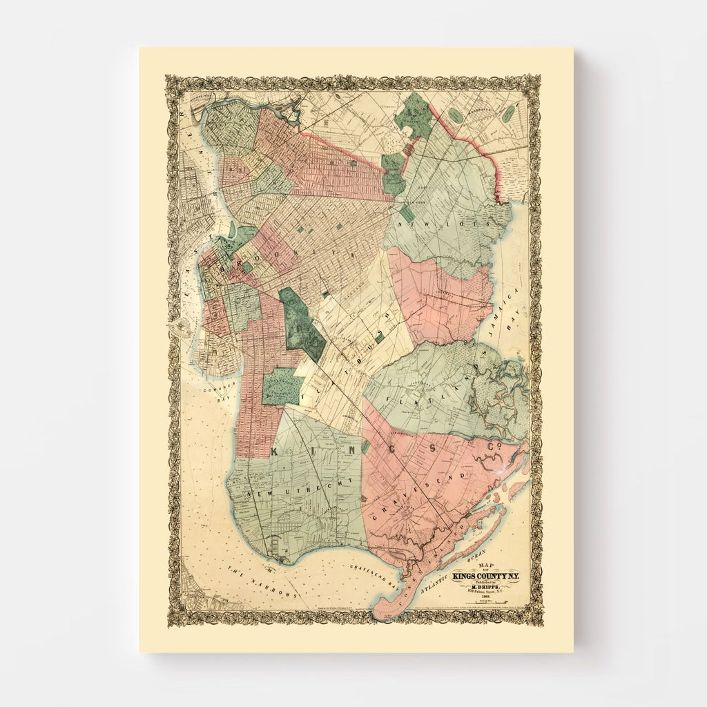 Vintage Map of Kings County, New York 1868