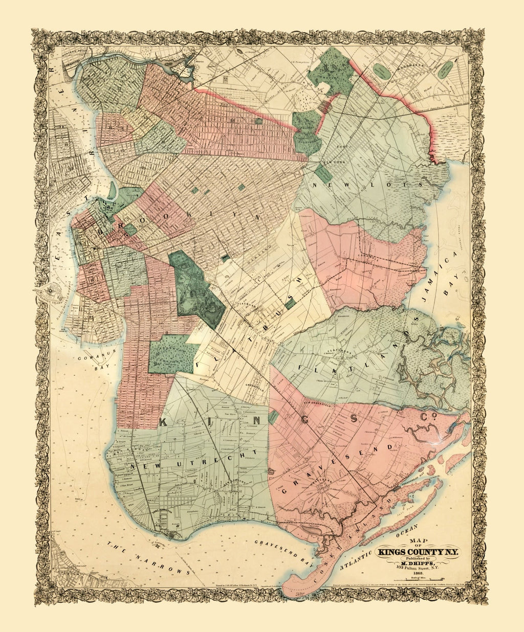 Vintage Map of Kings County, New York 1868