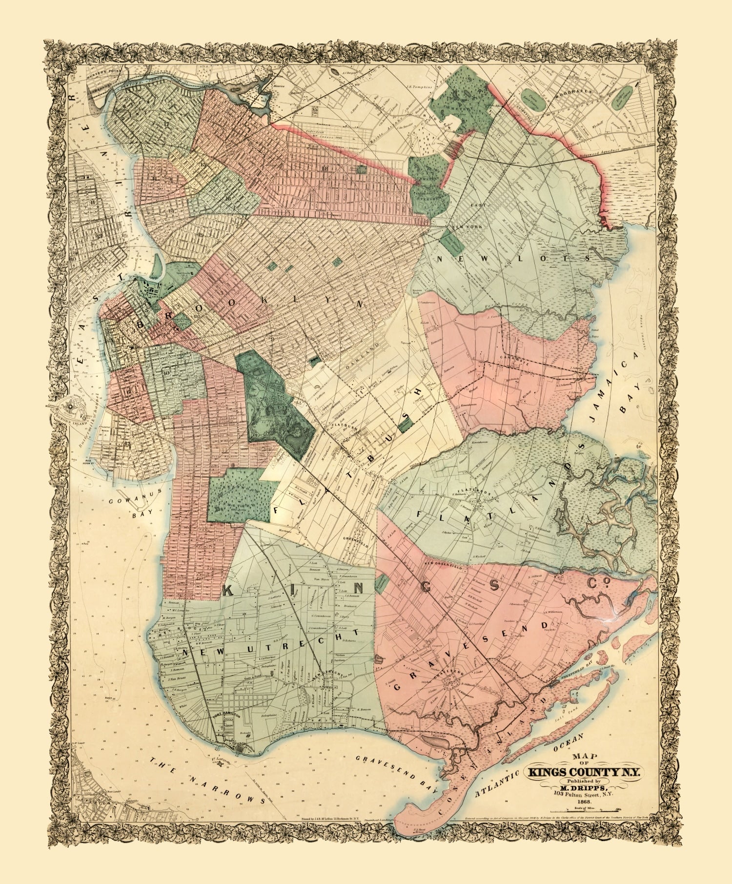 Vintage Map of Kings County, New York 1868