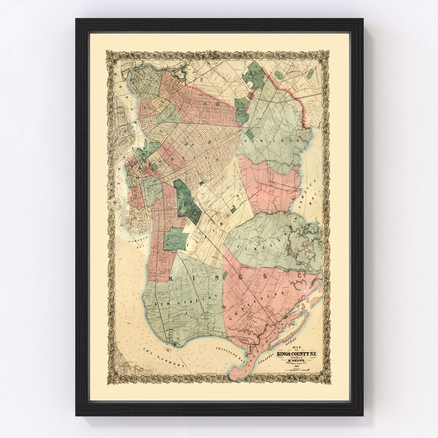 Vintage Map of Kings County, New York 1868