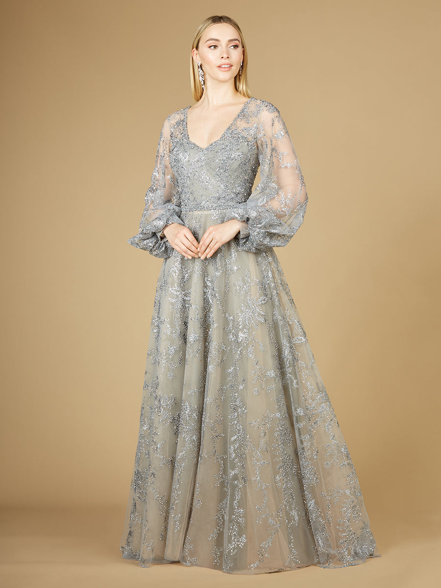 V Neckline Balloon Sleeve Gown