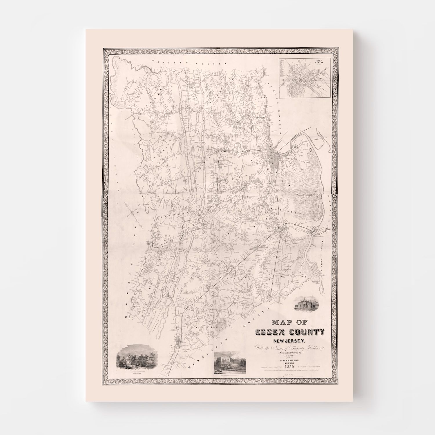 Vintage Map of Essex County, New Jersey 1850