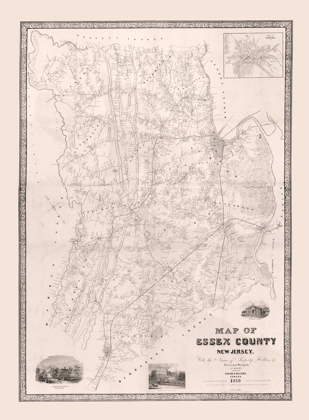 Vintage Map of Essex County, New Jersey 1850