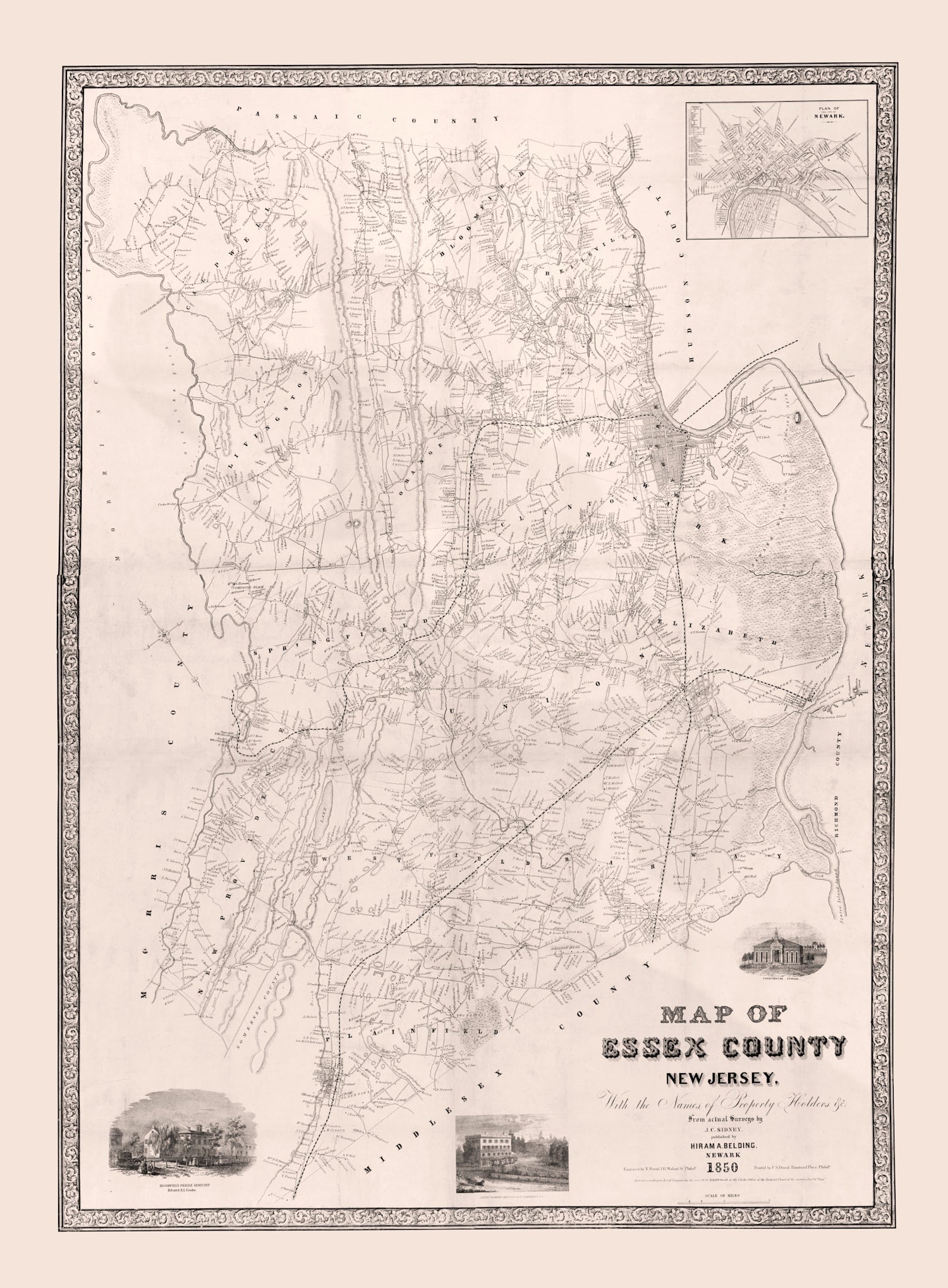 Vintage Map of Essex County, New Jersey 1850