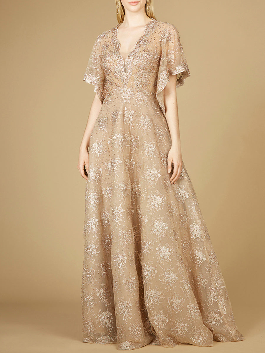 Cape Sleeve V-Neck Gown