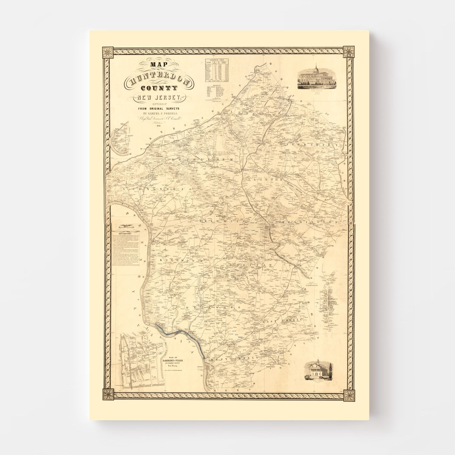 Vintage Map of Hunterdon County, New Jersey 1851