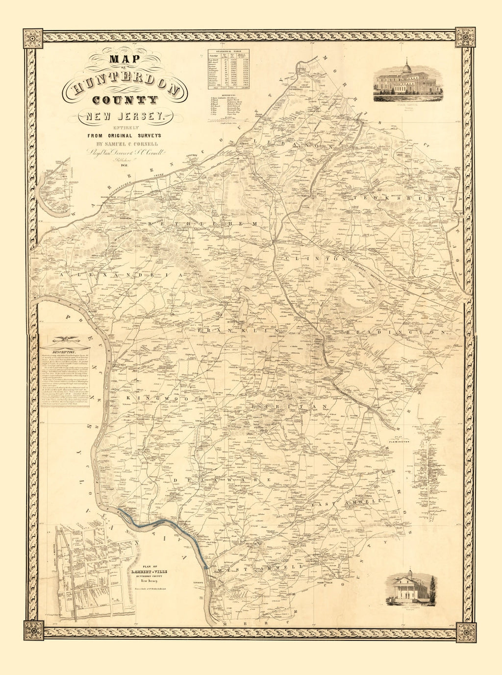 Vintage Map of Hunterdon County, New Jersey 1851